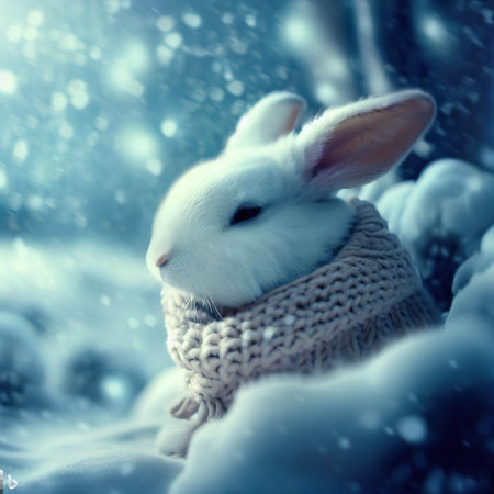 Cute white rabbit in a knitted hat and scarf in winter forestの素材