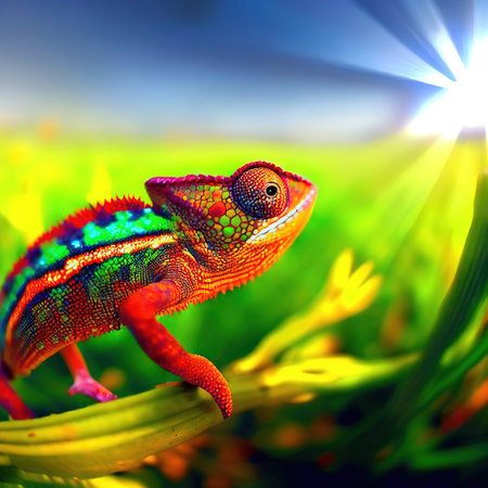 Colorful chameleon on a green meadow at sunset.の素材