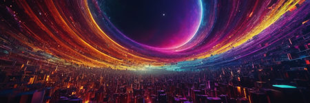 Futuristic city panorama with neon lights. 3d rendering