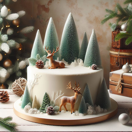 Fir tree cake with deer and snowflakes on top.の写真素材