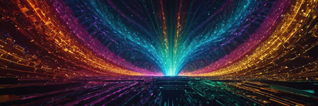3d render, abstract technology background. Futuristic tunnel with glowing particles.