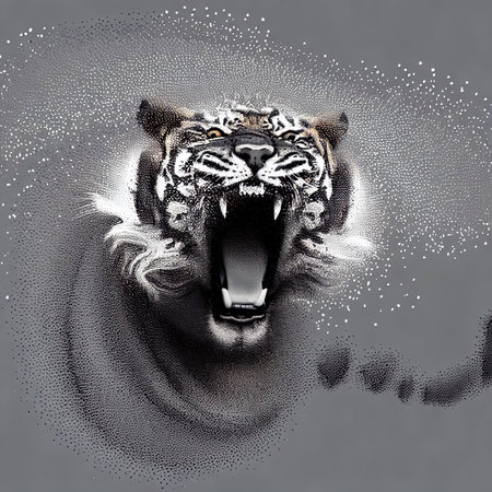 Black and white tiger on a gray background. 3D rendering.の素材