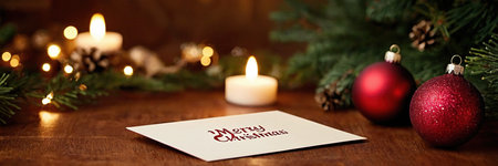 Christmas greeting card with burning candles and fir branches on wooden table.の素材