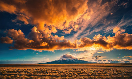 Majestic sunset over the snow-capped volcanoes of Kamchatkaの素材