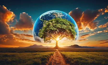 Conceptual image with planet earth and tree on the road.の素材