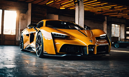 Front view of a yellow super sports car in a garage. Concept of sport car.の素材