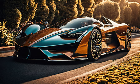 Futuristic sport car in the park. 3d rendering.の素材