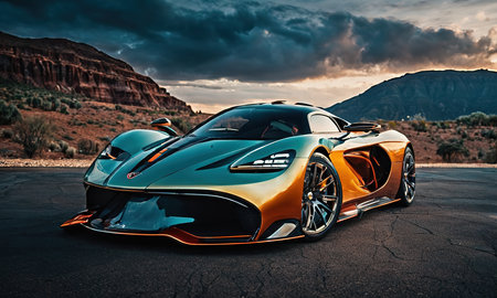 View of a super sports car during sunset in Arizona, USA.の素材