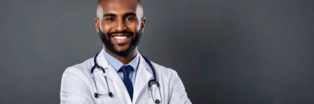 African american male doctor in white coat on gray background. Panoramic banner with copy space.の素材