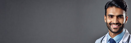 Portrait of happy smiling male doctor in white coat and stethoscope, isolated on gray background.の素材