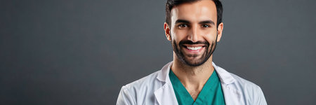 Portrait of happy smiling male doctor, isolated on gray background.の素材