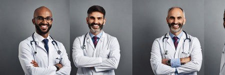 collage of smiling doctor in white coat and glasses with stethoscopeの素材