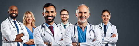 Healthcare people group. Professional doctor working in hospital office or clinic with other doctors, nurse and surgeon. Medical technology research institute and doctor staff service concept.の素材