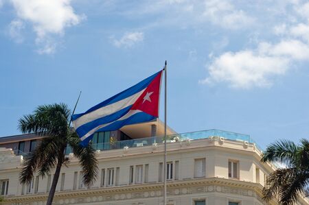 Cuban flag on a building at Havana city, Republic of Cubaの写真素材