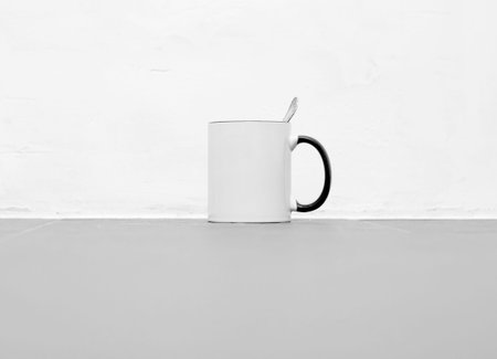 Single white mug stay on the floorの写真素材