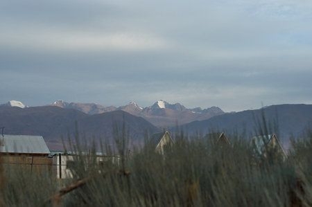 Kungoy Ala-Too or Kungey Alataw mountain view from Ysyk Kol and Tamchy villageの写真素材