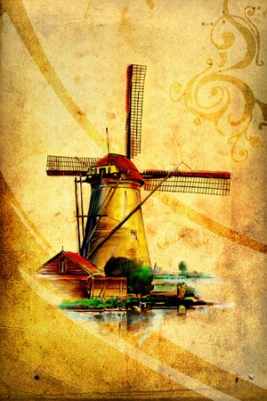 windmill old retro vintage drawingの写真素材