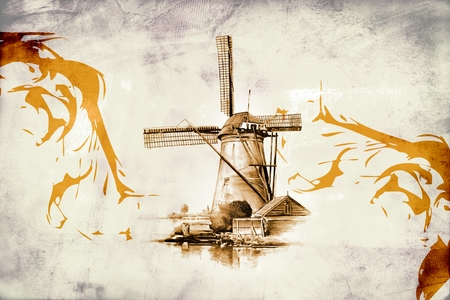 windmill old retro vintage drawingの写真素材