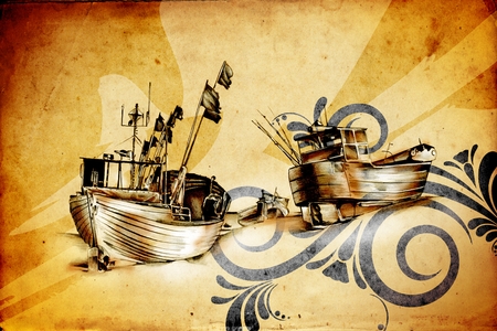 Boat sea art design drawingの写真素材