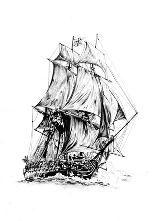 Ship on the sea or ocean art illustrationの写真素材