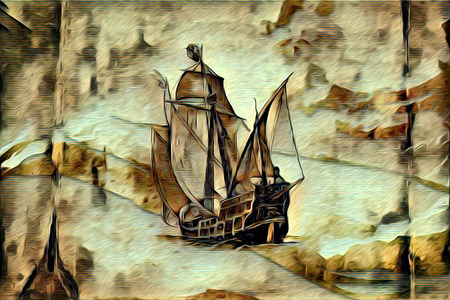 Ship on the sea or ocean art illustrationの写真素材