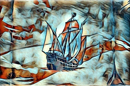 Ship on the sea or ocean art illustrationの写真素材