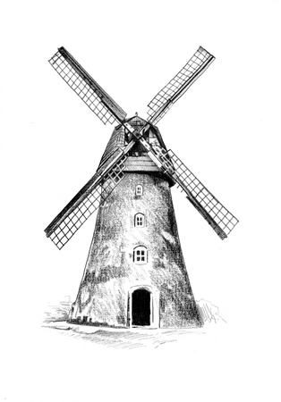 Windmill old retro vintage drawingの写真素材