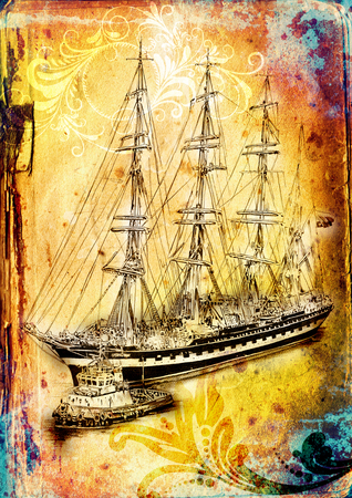 Ship on the sea or ocean art illustrationの写真素材