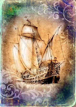 Ship on the sea or ocean art illustrationの写真素材