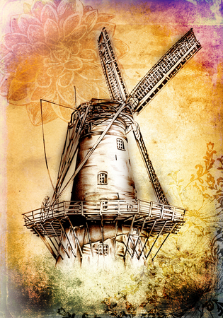 Windmill old retro vintage drawingの写真素材