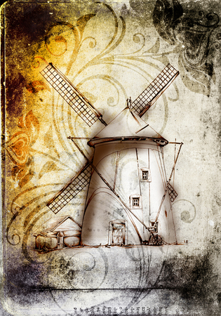 Windmill old retro vintage drawingの写真素材