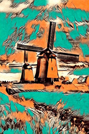 windmill old retro vintage art paintingの写真素材