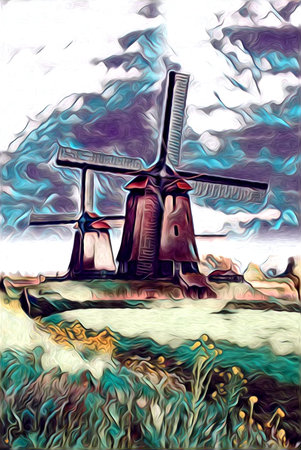 windmill old retro vintage art paintingの写真素材