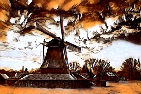 windmill old retro vintage art painting