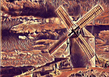windmill old retro vintage art paintingの写真素材