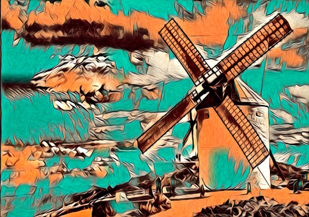 windmill old retro vintage art paintingの写真素材