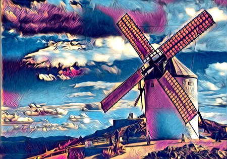 windmill old retro vintage art painting