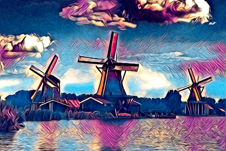 Windmill old retro vintage art paintingの写真素材