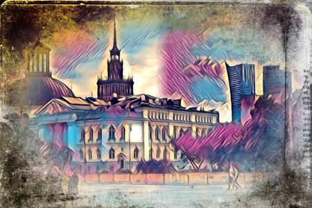 Warsaw cityscape exterior art painting illustrationの写真素材