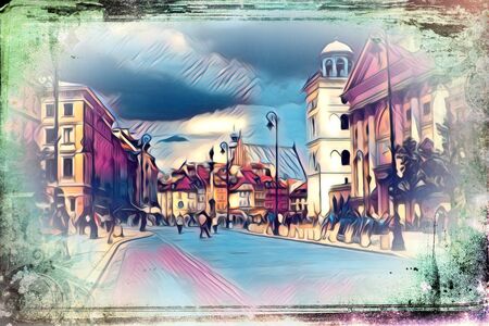 Warsaw cityscape exterior art painting illustrationの写真素材
