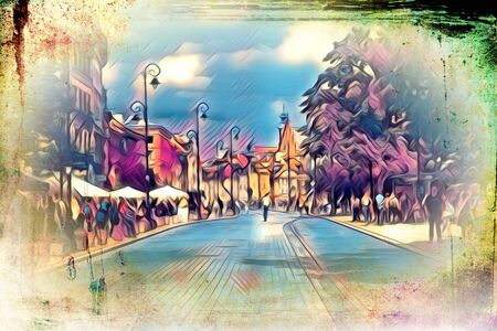 Warsaw cityscape exterior art painting illustrationの写真素材