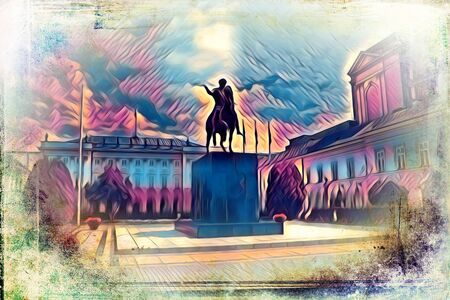 Warsaw cityscape exterior art painting illustrationの写真素材