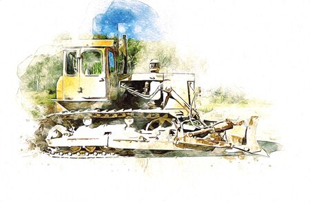 Bulldozer illustration color art grunge drawing vintageの写真素材