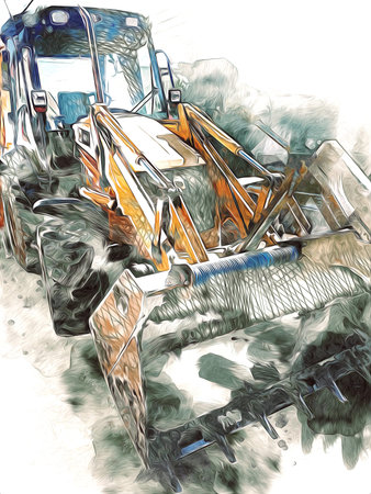 Excavator tractor illustration color isolated art work antique old
