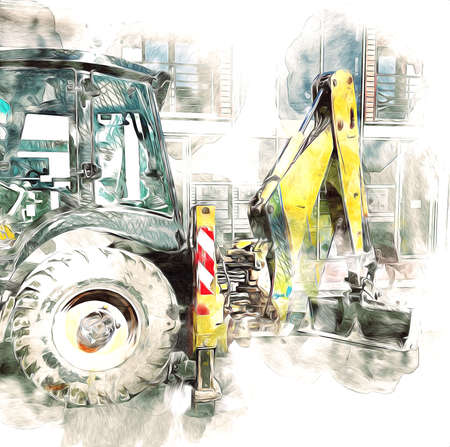 Excavator tractor illustration color isolated art work antique oldの写真素材