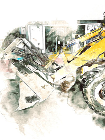 Excavator tractor illustration color isolated art work antique old
