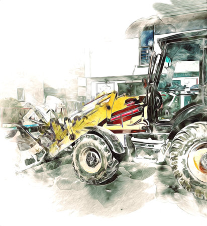 Excavator tractor illustration color isolated art work antique old