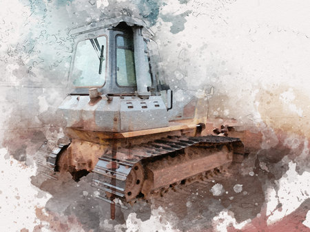 Bulldozer illustration color art grunge drawing vintage