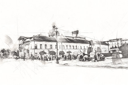 Warsaw cityscape exterior art drawing sketch illustrationの写真素材