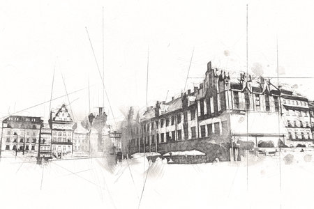 Wroclaw city poland retro vintage art drawing sketch illustration